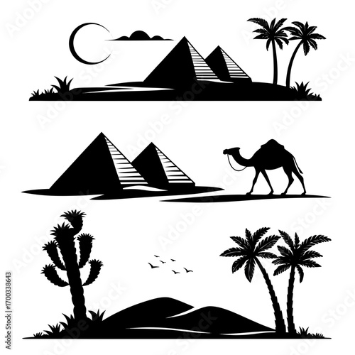 Egyptian landscape with pyramids, palm trees, and a camel this vector illustration captures the essence of the desert with its iconic landmarks