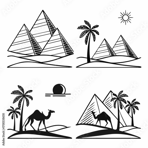 Egyptian pyramids and desert landscape with palm trees this vector illustration features iconic landmarks and serene desert scenery