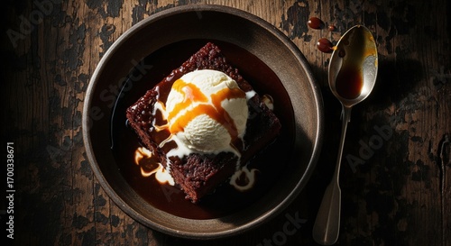 Top view of a decadent sticky date pudding with vanilla ice cream in a rustic bowl on table