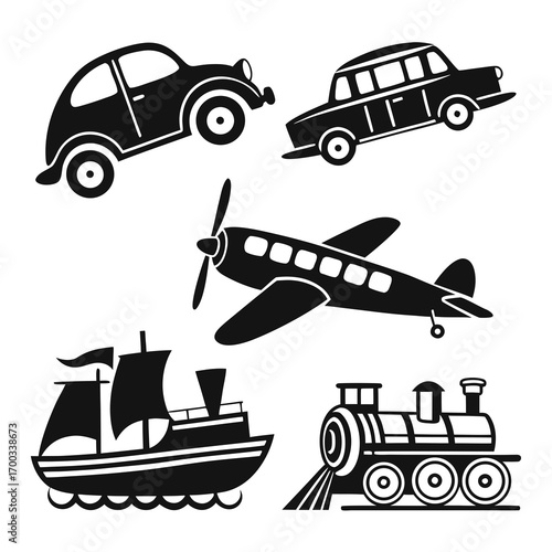 A collection of vintage transportation icons, featuring a classic car, airplane, train, and ship, all rendered in a simple black and white style