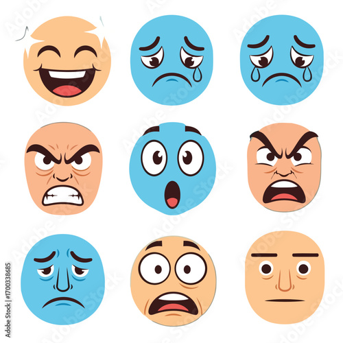 Vector art of collection of cartoon faces showing different emotions such as happiness, sadness, anger, surprise, and neutral expression