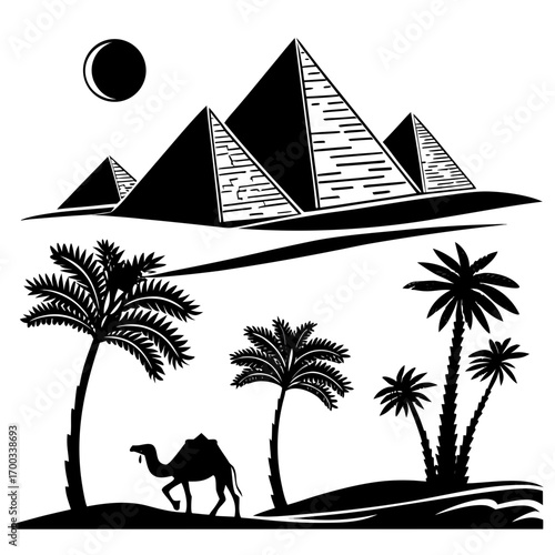Silhouette of the egyptian pyramids with palm trees and a camel, creating a captivating desert landscape a timeless symbol of ancient civilization