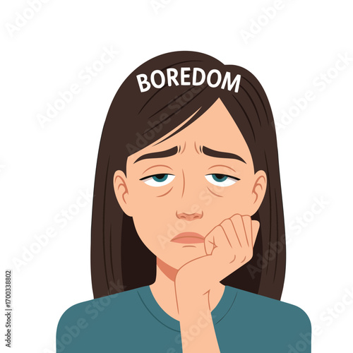 Vector art of a bored woman with a sad expression on her face, resting her head on her hand the word boredom is above her head