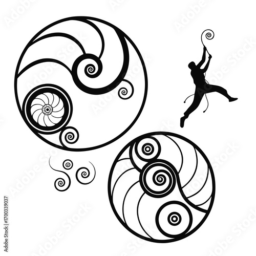 A captivating vector illustration showcases a dynamic composition of spiral designs and a climber, creating a visually striking and intricate pattern