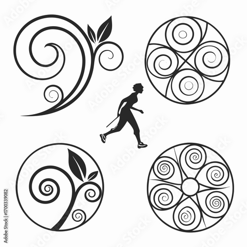 Silhouette illustration featuring a woman running amidst decorative swirls and floral elements, a blend of nature and athleticism in a minimalist design