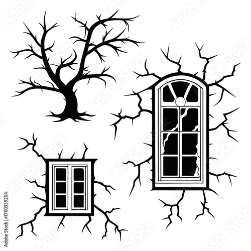 Black and white vector illustration featuring a spooky scene with old windows, bare trees, and cracked walls, creating a haunting and eerie atmosphere