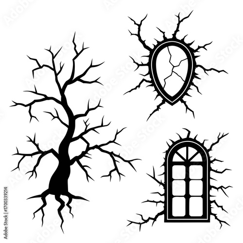 Silhouette of a spooky tree and cracked windows perfect for halloween designs, haunted house themes, or eerie architectural illustrations with a creepy vibe