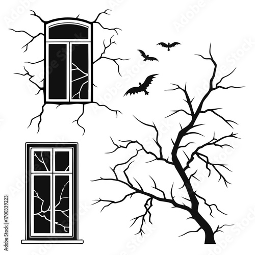 Black and white vector illustration featuring a spooky scene with old windows, bare trees, and cracked walls, creating a haunting and eerie atmosphere
