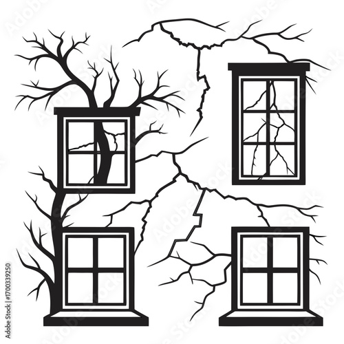 A spooky illustration featuring a dilapidated building facade with cracked walls and broken windows, intertwined with bare tree branches