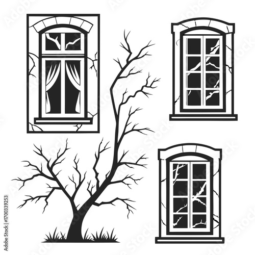 Illustration of spooky tree and cracked windows perfect for halloween designs, haunted house themes, or eerie architectural illustrations with a creepy vibe