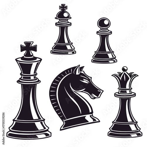 Monochrome vector illustration featuring a set of chess pieces, including the king, queen, rook, knight, and pawn, , showcasing classic game elements