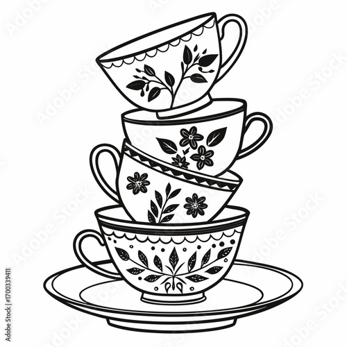 A stack of four teacups with floral designs, each cup resting on the one below, creating a whimsical tower of vintage elegance the monochrome illustration