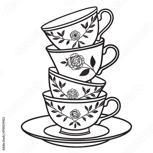 A stack of four teacups with rose designs, each cup resting on the one below, creating a whimsical tower of vintage elegance the monochrome illustration