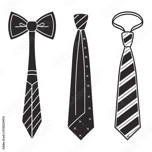 Illustration of three different ties a bow tie, a striped tie, and a tie with a pattern of stars, perfect for fashion, design, or creative projects