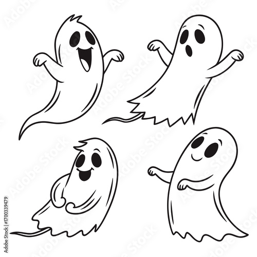 A charming collection of four cartoon ghosts, each exhibiting unique expressions, gently floating against an, perfect for halloweenthemed designs and ghostly delight