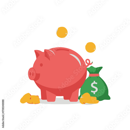 Vector art of piggy bank with coins and money bag saving money and investment concept for future financial planning