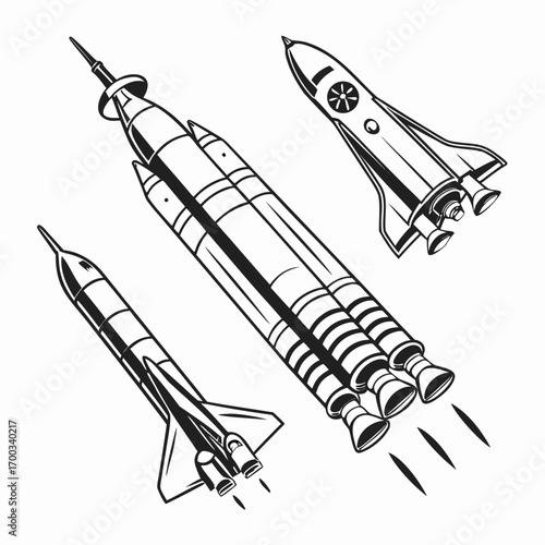 Retro style black and white line art illustration of three different space rockets launching into space