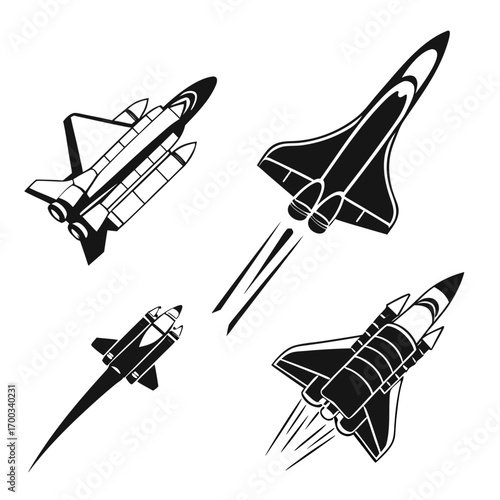 Collection of stylized black and white space shuttle icons in various dynamic flying positions