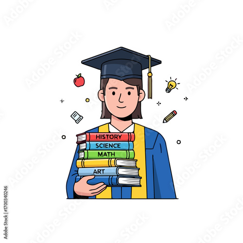 Vector art of female graduate with books education and graduation concept, academic achievement, and student success illustration
