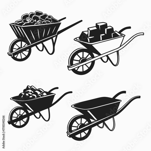 Collection of four stylized black and white illustrations of wheelbarrows filled with various materials