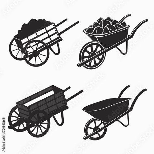 Collection of silhouette icons representing various types of carts and wheelbarrows for transporting materials