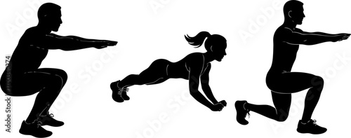 Fitness Workout Silhouettes Squat, Push-Up, and Lunge Exercises