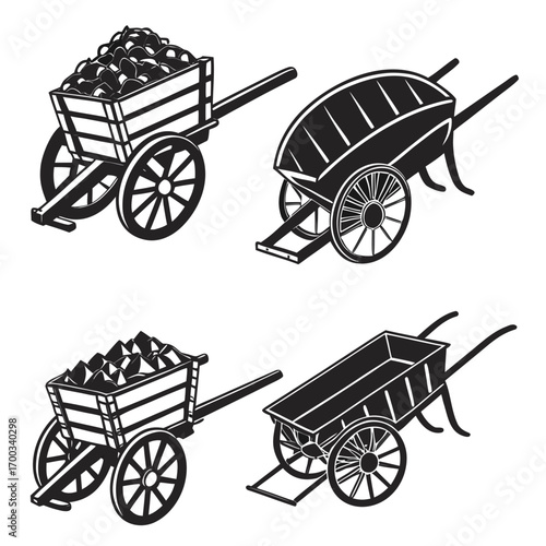 Collection of vintage wooden carts and wheelbarrows filled with cargo and empty for transport
