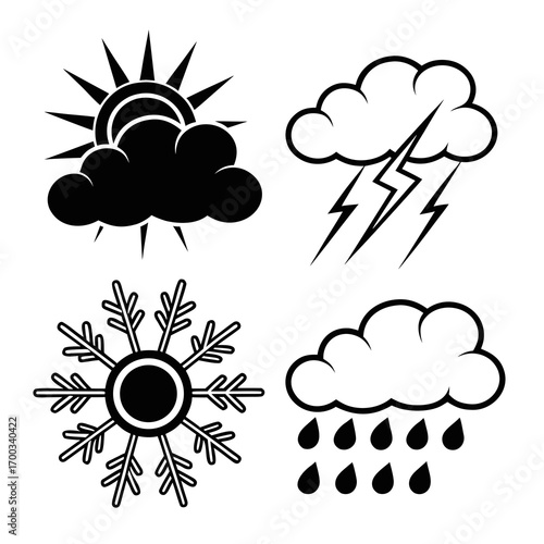 Collection of weather icons representing sun behind clouds rain snow and lightning storm