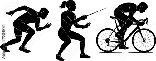 Silhouetted Athletes Running, Fencing, and Cycling Triathlo