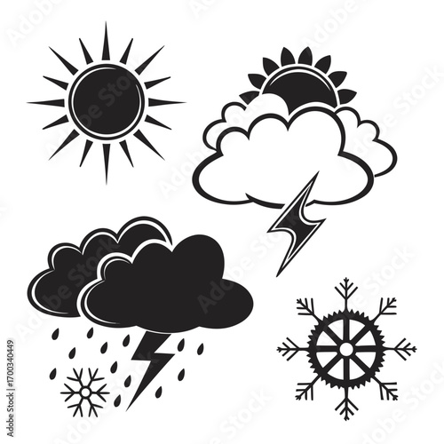 Collection of black weather icons including sun clouds rain lightning and snowflakes