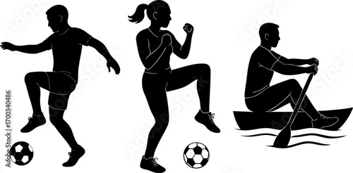 Athlete Silhouettes Soccer, Kickboxing, and Rowing Illustrations