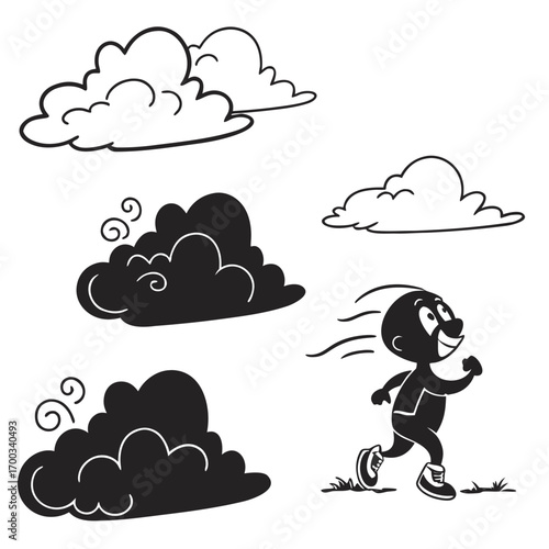 Joyful cartoon boy running happily through clouds on a bright sunny day