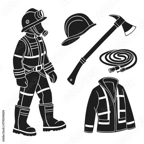 Firefighter uniform and equipment including helmet axe hose and jacket for safety and protection