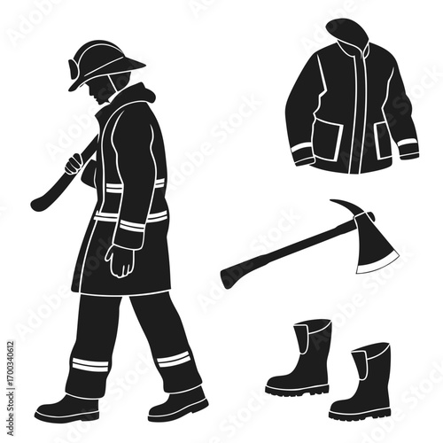 Silhouette of a firefighter in uniform carrying an axe with protective gear and equipment laid out
