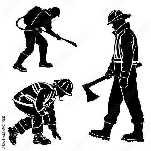 Silhouettes of firefighters in action with tools for emergency response and rescue operations