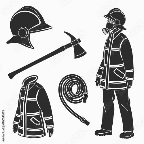 Collection of firefighter equipment and gear including helmet axe jacket hose and full uniform silhouette
