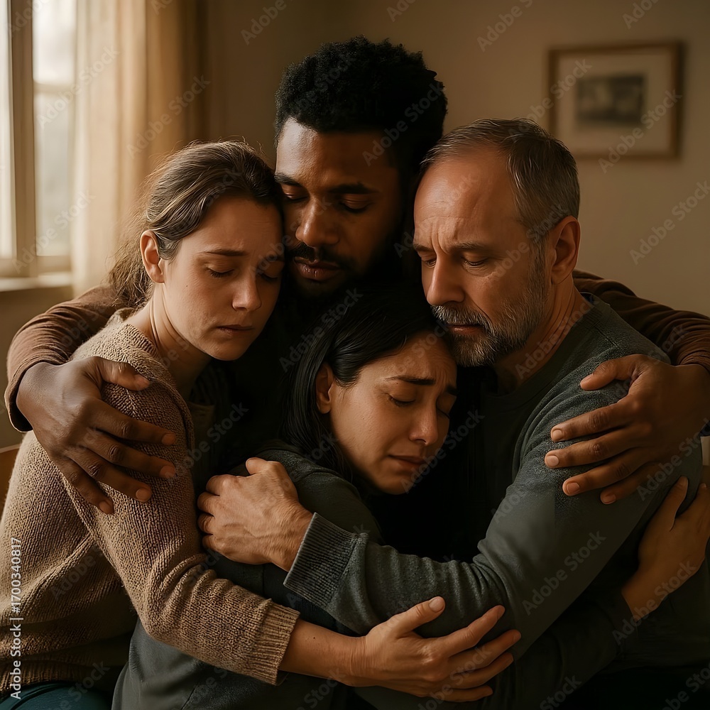 Obraz premium A Diverse Family Hugging Each Other in an Emotional and Supportive Embrace.