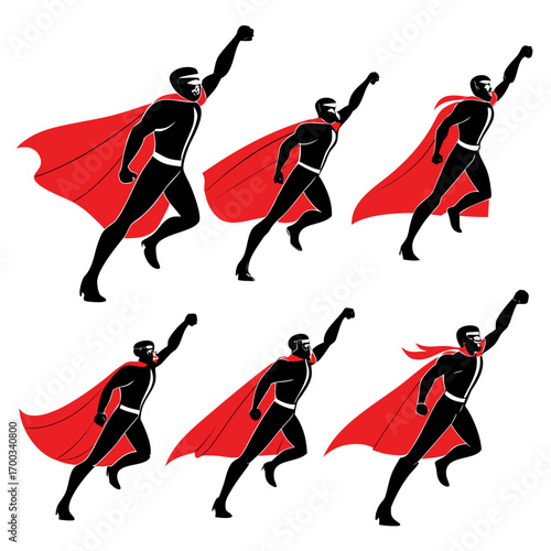 Six dynamic silhouettes of black superhero figures in red capes flying and soaring