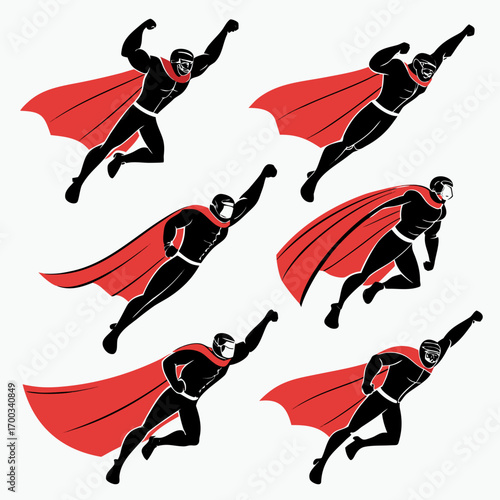 Dynamic silhouettes of six diverse superheroes in flight wearing red capes and masks