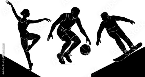 Sports Silhouettes Ballerina, Basketball Player, Snowboarder Action Vector Set