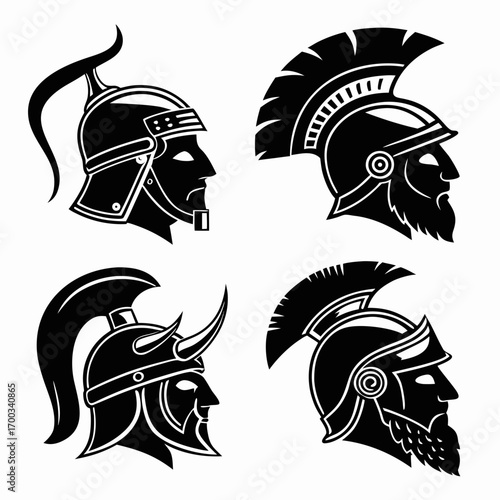 Collection of four stylized black and white warrior helmet profiles featuring different designs