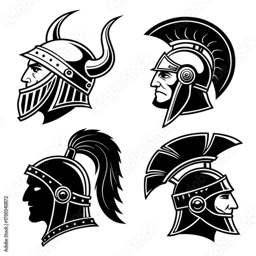 Collection of four historical warrior helmets including viking and roman legionary soldier profiles