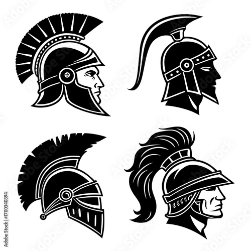Collection of four stylized black and white roman and greek warrior helmets in profile