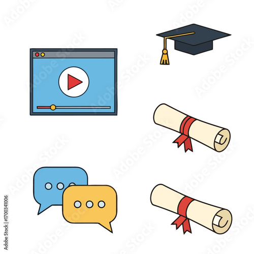 Vector art of online education concept showing graduation cap, diploma, video player and speech bubbles for learning and communication