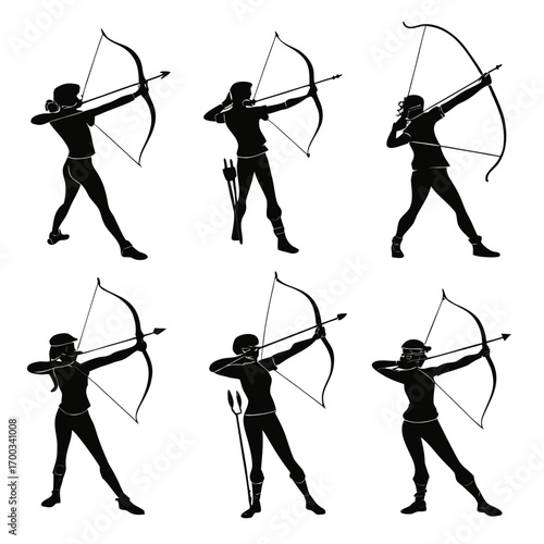 Collection of silhouettes of female archers in various poses drawing and aiming bows and arrows