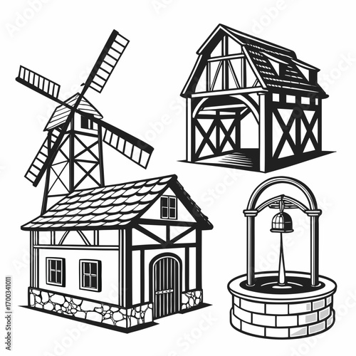 Collection of black and white illustrations of a medieval windmill house and well