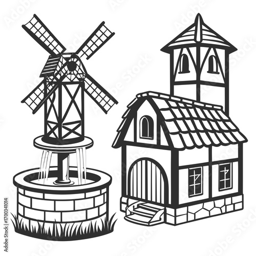 Black and white illustration of a charming medieval village scene with a windmill and a half timbered house