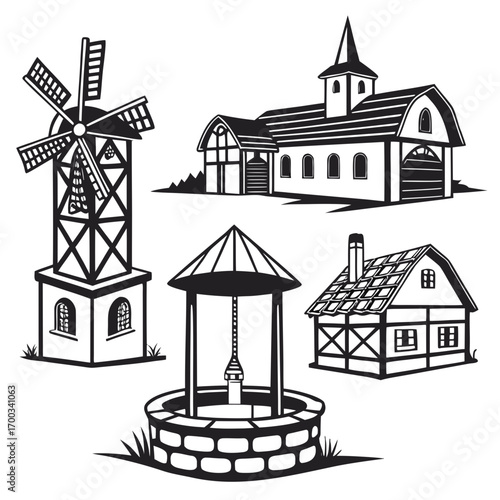 Collection of stylized black and white illustrations of rural village buildings and structures