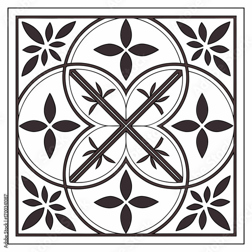 Elegant geometric floral pattern design with dark petals on white background