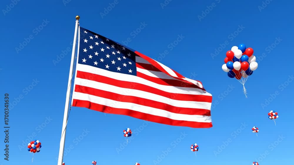 Flag Balloons Floating Cheerfully Against Clear Blue Sky
